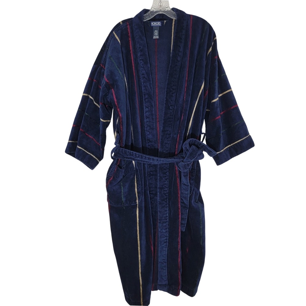 VTG Honors Mens‎ One Size Navy Blue Striped Cotton Terry Thick Belted Robe EUC